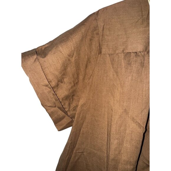 Handmade Brown Short-Sleeve Button-Up Dress With Embroidered Pockets & Collar Tr - Picture 2 of 8